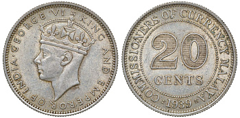 Британская Малайя 20 центов 1939 Георг VI (1937-1952) KM 5 серебро 53-351