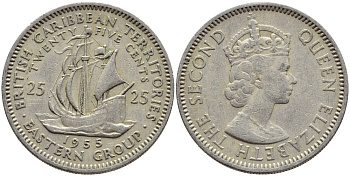 Британские Восточно-Карибские территории 25 центов 1955 Елизавета II (1952-2022), парусник KM 6 медно-никель 76-856