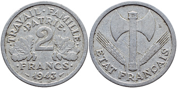 Франция 2 франка 1943 правительство Виши KM 904.1 алюминий 4397-731