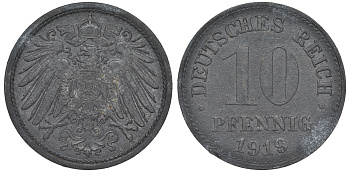 ГЕРМАНИЯ 10 ПФЕННИГОВ 1919 KM 26, J. 299 цинк 45-1253