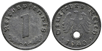 ГЕРМАНИЯ 1 РЕЙХСПФЕННИГ 1943 A KM 97, J. 369 цинк 39-1222