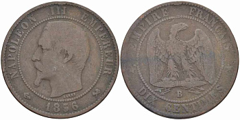 Франция 10 сантимов 1856 B, Наполеон III (1852-1870) KM 771.2, Le Franc 133.33 бронза    4680-615