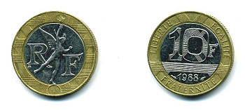 Франция 10 франков 1988 тип Гений Бастилии KM 964.1, Le Frank 375.2 биметалл 51-4733