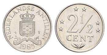 Нидерландские Антильские острова (Нидерландские Антилы) 2 1/2 цента 1985 Беатрикс (1980-2013) KM 9a алюминий UNC 4675-853