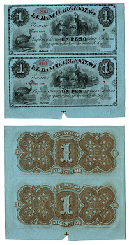 Аргентина 1 песо 1868 неразрезанные банкноты. Страус. гаучо, лошади, девушка Pick S1531 бумага 451-1264-2