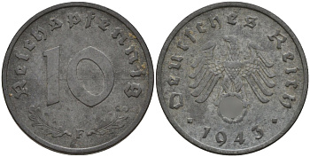 Германия 10 рейхспфеннигов 1943 F KM 101, J.371 цинк 4151-255