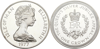 Остров Мэн 1 крона 1977 Серебрянный Юбилей Елизаветы II, в оригинальной коробке, с сертификатом KM 42а серебро PROOF 3-4-4-25