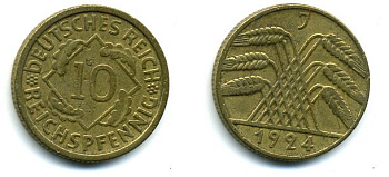 Германия 10 рейхспфеннигов 1924 J KM 40, J. 317, Weege 9 алюминиевая бронза 56-946