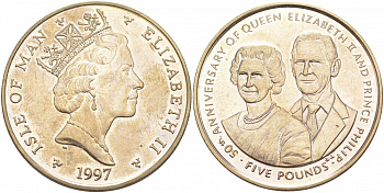 Остров Мэн 5 фунтов 1997 АА, Елизавета и Филипп, золотая свадьба KM 769 вирениум UNC 73-814