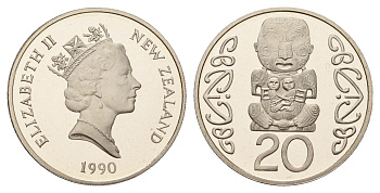 Новая Зеландия 20 центов 1990 Елизавета II (1952-2022), идол Пукаки KM 81 медно-никель PROOF 3711-115