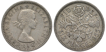 Великобритания 6 пенсов 1955 Елизавета II (1952-2022) KM 903, Spink 4149 медно-никель 4128-827