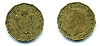 Великобритания 3 пенса 1941 Георг VI (1936-1952) KM 849, Spink 4112 никель латунь 89-713