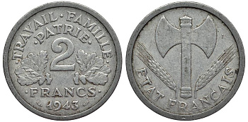 Франция 2 франка 1943 правительство Виши KM 904.1, LE FRANC 270.2 алюминий 27-821