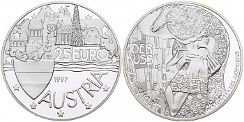 АВСТРИЯ 25 ЕВРО 1997 ГУСТАВ КЛИМТ, DER KUSS, ПОЦЕЛУЙ серебро PROOF 04-136-12