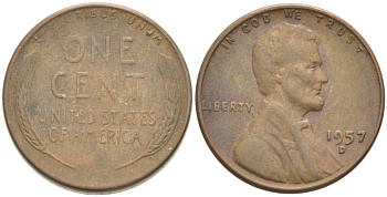 США 1 ЦЕНТ 1957 D, ЛИНКОЛЬН KM А132 медь цинк 218-1035