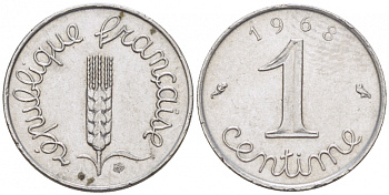 ФРАНЦИЯ 1 САНТИМ 1968 KM 928, LE FRANC 106.15 нержавеющая сталь 4516-768