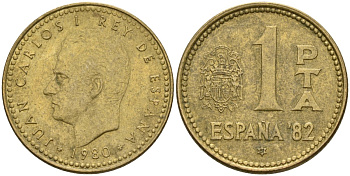 Испания 1 песета 1980 (81) чемпионат мира по футболу 1982 года в Испании, Хуан Карлос I (1975 - 2014) KM 816 алюминиевая бронза 4604-445