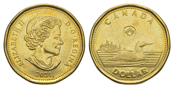 Канада 1 доллар 2021 Leaf, Елизавета II (1952-2022), утка KM 1255 сталь плакированная латунью UNC 4637-1015