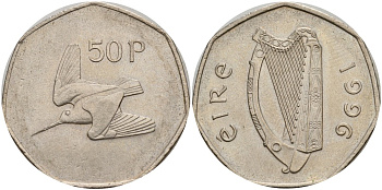 Ирландия 50 пенсов 1996 Вальдшнеп KM 24 медно-никель 4140-412