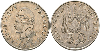 Французская Новая Каледония 50 франков 2009 хижина среди сосен и пальм, (IEOM) KM 13a, Schoen 15a, Lec 128i медно-никель 115-1013