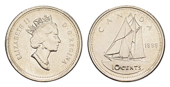 Канада 10 центов 1999 Елизавета II (1952-2022), парусник KM 183 никель UNC 4639-663