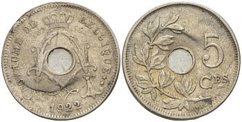 БЕЛЬГИЯ 5 САНТИМОВ 1922 BELGIQUE KM 66 медно-никель 4551-924