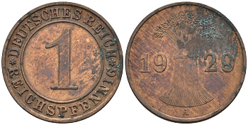 Германия 1 рейхспфенниг 1929 A KM 37, J. 313 медь    4594-1256