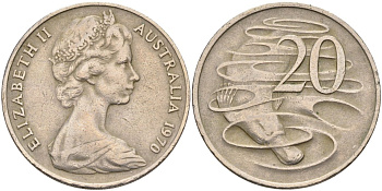 Австралия 20 центов 1970 Елизавета II (1952-2022), утконос KM 66 медно-никель 4131-846