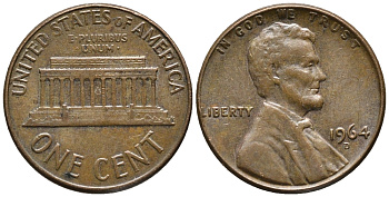 США 1 ЦЕНТ 1964 D, ЛИНКОЛЬН KM 201 медь цинк 66-214