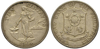 ФИЛИППИНЫ 10 СЕНТИМО 1964 KM 188 медь цинк никель VG 4181-269