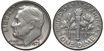 США 10 центов = дайм 1975 D, Рузвельт KM 195а медь плакированная медно-никелем 4124-446