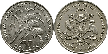 Барбадос 4 доллара 1970 FAO, открытие Карибского Банка Развития KM А9 медно-никель UNC 00-000-00