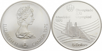 Канада 5 долларов 1976 XXI летние Олимпийские игры в Монреале 1976 года, Олимпийская деревня KM 109 серебро UNC 00-00-00