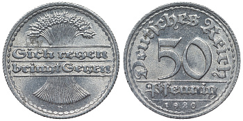 Германия 50 пфеннигов 1920 D KM 27, J. 301, Weege 10 алюминий 4119-517