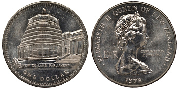 Новая Зеландия 1 доллар 1978 25 лет коронации Елизаветы II и открытие здания Парламента, Елизавета II (1952-2022) KM 78 медно-никель UNC 4537-123
