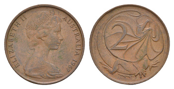 Австралия 2 цента 1967 Елизавета II (1952-2022), плащеносная ящерица KM 63 бронза 4655-1232