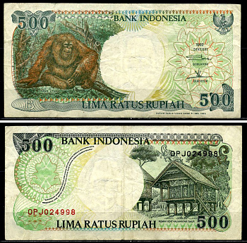 Индонезия 500 рупий 1992/1993 орангутан Pick 128b бумага 6299-11-3-2