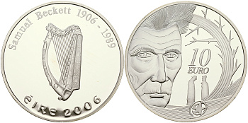 Ирландия 10 евро 2006 100 лет со дня рождения Сэмюэля Беккета, писатель, драматург, нобелевский лауреат KM 45 серебро PROOF 01-152-42