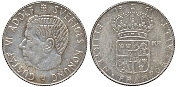 Швеция 1 крона 1961 U, Густав VI Адольф (1950-1973) KM 826 серебро 4178-744