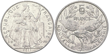 Французская Новая Каледония 5 франков 2011 птица кагу, (IEOM) KM 16, Schoen 12, Lec 81k алюминий 4111-1023