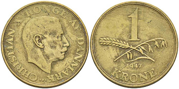 ДАНИЯ 1 КРОНА 1947 N; S, КРИСТИАН X (1912-1947) KM 835 алюминиевая бронза 38-431