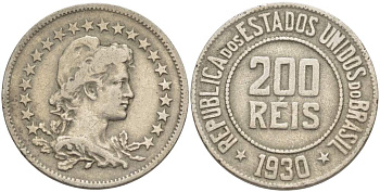 БРАЗИЛИЯ 200 РЕЙС 1930 ГОЛОВА СВОБОДЫ ВПРАВО KM 519 медно-никель 4529-554