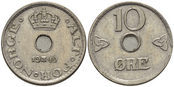 НОРВЕГИЯ 10 ЭРЕ 1949 ХОКОН VII (1905-1957) KM 383 медно-никель 100-121