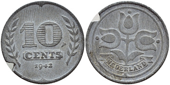 НИДЕРЛАНДЫ 10 ЦЕНТОВ 1942 ВИЛЬГЕЛЬМИНА (1890-1948) БРАК КРУЖКА KM 173 цинк 179-925