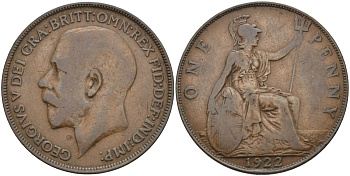 Великобритания 1 пенни 1922 Георг V (1910-1936) KM 810, Spink 4051 бронза 4557-336