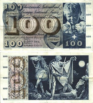 Швейцария 100 франков 1967 1 января 1967, серия 55 K, подпись 44 Pick 49 i бумага 8606-24-2-2