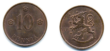 Финляндия 10 пенни 1937 KM 24 медь 51-5635