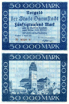 ДАРМШТАДТ, ГЕРМАНИЯ 50000 МАРОК 1923 10 АВГУСТА 1923, НОТГЕЛЬД, ЗЕМЛЯ ГЕССЕН Keller 954а бумага XF+ 8613-28-2-1