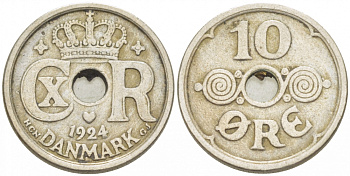 ДАНИЯ 10 ЭРЕ 1924 HCN ; GJ, КРИСТИАН X (1912-1947) KM 822.1 медно-никель 3309-138