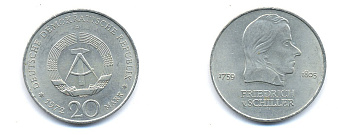 ГДР 20 марок 1972 А, Фридрих Шиллер (1759-1805) KM 40 медно-никель 3333-732